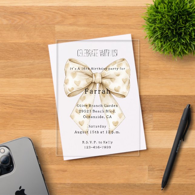 Invitations En Acrylique Cream Hearts Bow Birthday   (Insitu (Carte d'invitation))