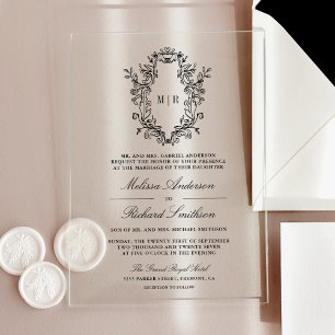 Invitations En Acrylique Crête de monogramme de chinoiserie noire pour mari