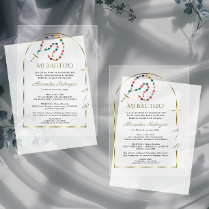 Invitations En Acrylique Croix d'Arche en Or pour Fille Monogramme Baptême