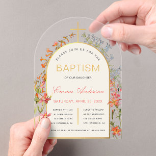 Invitations En Acrylique Croix de baptême fille avec fleurs dorées et sauva