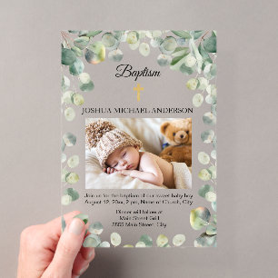 Invitations En Acrylique Croix d'or Eucalyptus Baptême religieux Photo