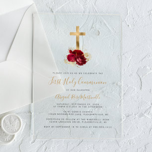 Invitations En Acrylique Croix d'or Première communion florale rouge