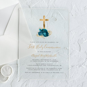 Invitations En Acrylique Croix d'or Première communion florale Turquoise