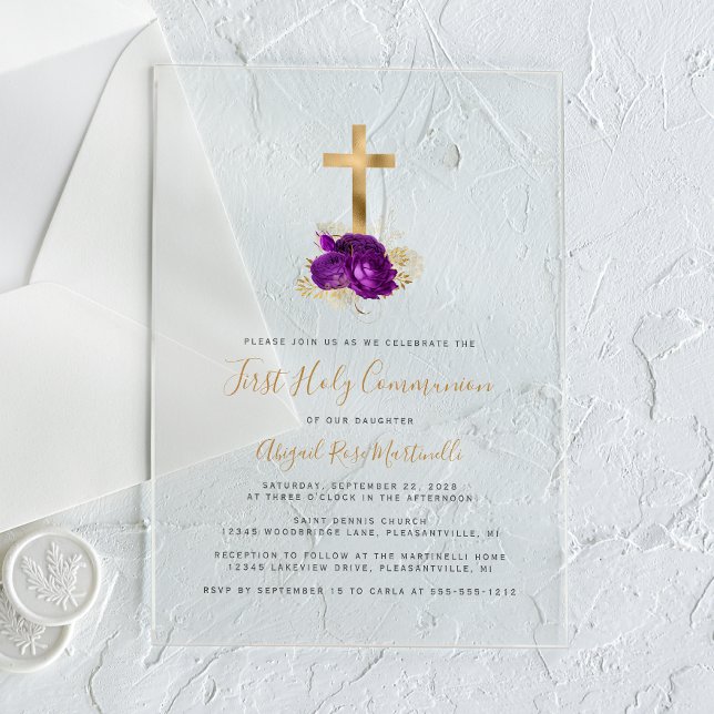 Invitations En Acrylique Croix d'or violet florale première communion (Créateur téléchargé)