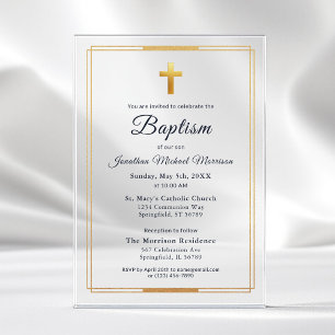 Invitations En Acrylique Croix dorée écriture moderne bleu marine Baptême é