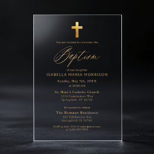 Invitations En Acrylique Croix dorée écriture typographie chic élégant bapt