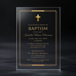 Invitations En Acrylique Croix dorée écriture typographie chic élégant bapt