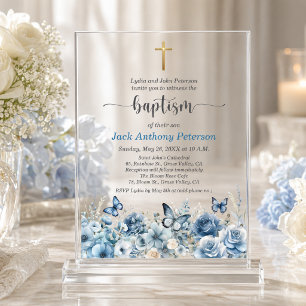 Invitations En Acrylique Croix dorée élégante Baptême floral bleu