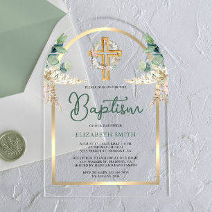 Invitations En Acrylique Croix en bois Pampas Eucalyptus Arche dorée Baptêm