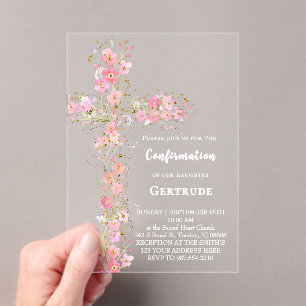 Invitations En Acrylique croix fleur sauvage rose Confirmation