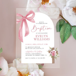 Invitations En Acrylique Croix florale à ruban rose pour baptême et christe