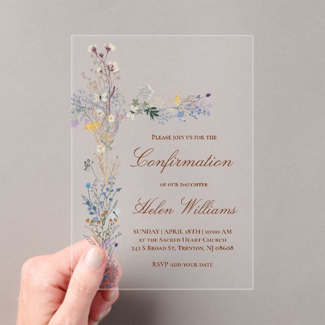 Invitations En Acrylique Croix florale de confirmation (In situ (ordinateur de poche))