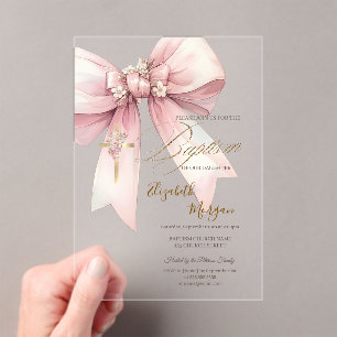 Invitations En Acrylique Croix Florale Dorée Ruban Baptême Rose