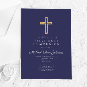 Invitations En Acrylique Croix religieuse bleu marine Garçon Première commu