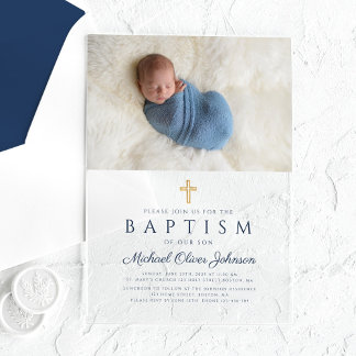 Invitations En Acrylique Croix Religieuse Bleue Élégante Photo de Baptême d