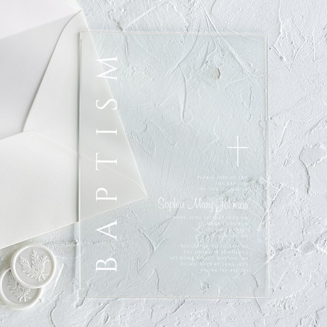 Invitations En Acrylique Croix religieuse élégante moderne Baptême blanc (Modern Elegant Religious Cross White Baptism Acrylic Invitations)