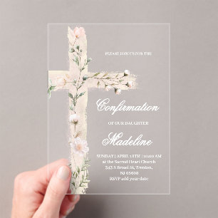 Invitations En Acrylique Croix sainte florale Confirmation