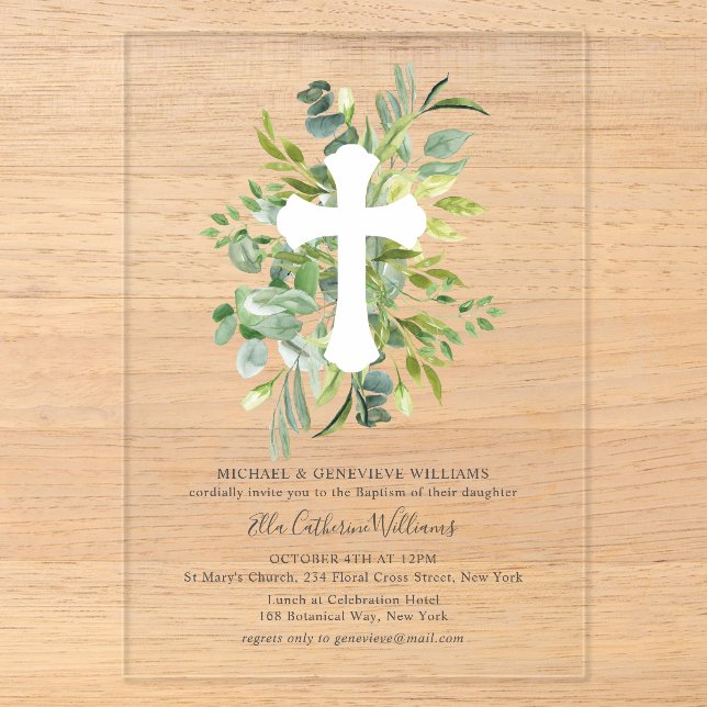 Invitations En Acrylique Croix végétale florale Baptême (Recto)