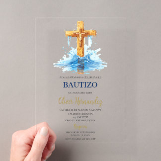 Invitations En Acrylique crucifix bleu baptême acrylique