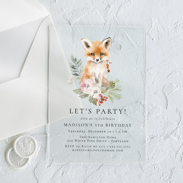Invitations En Acrylique Cute aquarelle Fox hiver fête d'anniversaire (Créateur téléchargé)