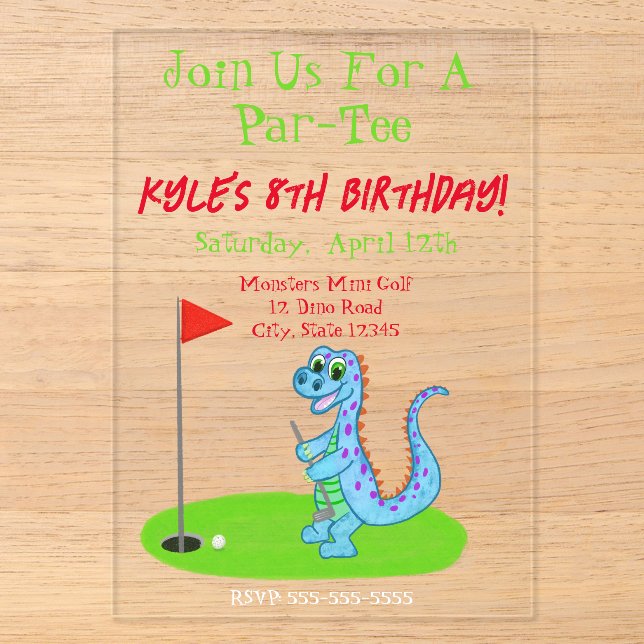 Invitations En Acrylique Cute Dinosaur Golf Anniversaire de enfant à thème (Recto)