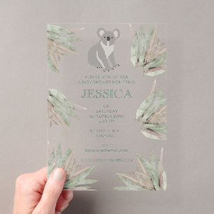 Invitations En Acrylique Cute Koala Eucalyptus Baby shower personnalisé