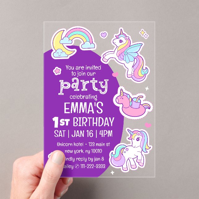 Invitations En Acrylique Cute Modern Rainbow Unicorns fête d'anniversaire p (In situ (ordinateur de poche))