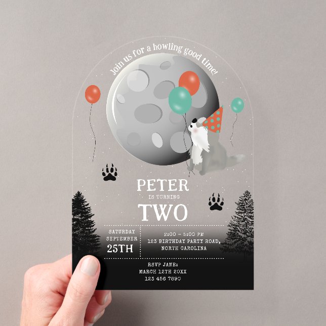 Invitations En Acrylique Cute Wolf Pack Woodland Moon Howling Birthday (In situ (ordinateur de poche))
