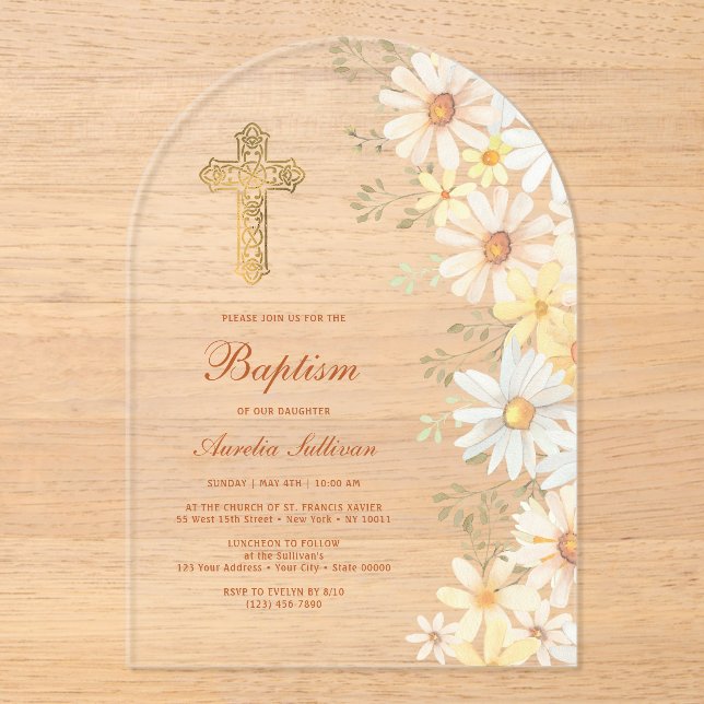 Invitations En Acrylique Daisies Arch Baptême (Recto)