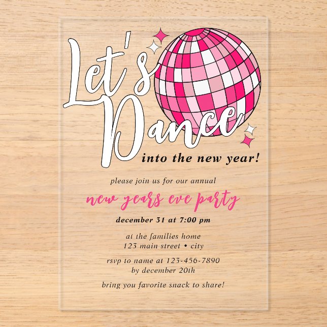 Invitations En Acrylique Dansez Nouvel An Pink Disco Ball Retro (Recto)