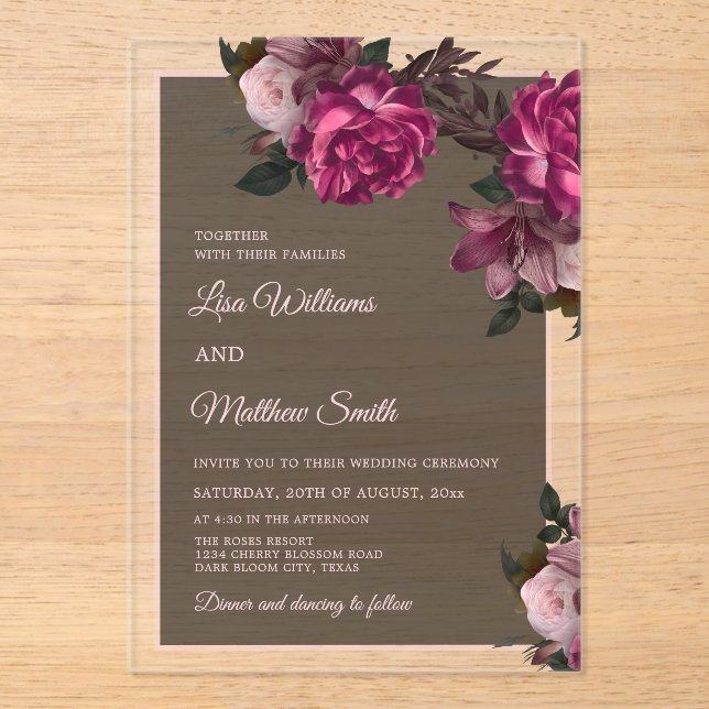 Invitations En Acrylique Dark Floral Transparent Wedding (Recto)