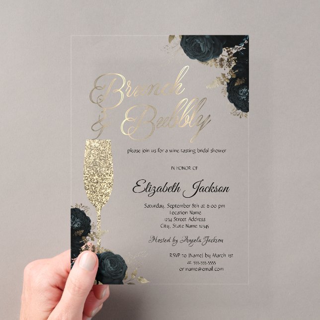 Invitations En Acrylique Dark Flowers Champagne Glass Green (In situ (ordinateur de poche))