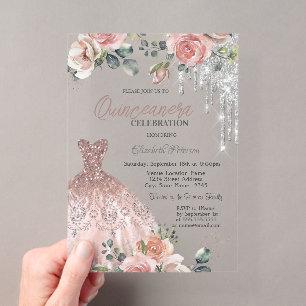 Invitations En Acrylique Déchets d'argent, Robe, Quinceanera rose Rose