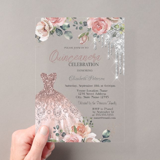 Invitations En Acrylique Déchets d'argent, Robe, Quinceanera rose Rose (In situ (ordinateur de poche))