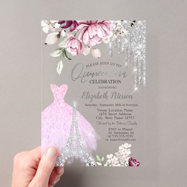 Invitations En Acrylique Déchets, Robe, Tour Eiffel Lilac Rose Quinceañera (In situ (ordinateur de poche))