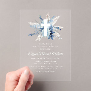 Invitations En Acrylique Dédicace florale bleu Croix blanche moderne