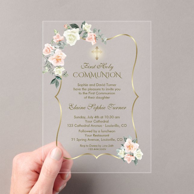 Invitations En Acrylique Delicate Blush White Flowers First Holy Communion (In situ (ordinateur de poche))