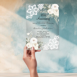 Invitations En Acrylique Dentelle blanche diamant 25e anniversaire mariage