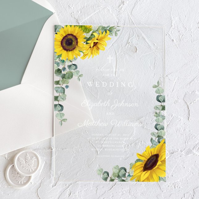 Invitations En Acrylique Dentelle verte de la Croix religieuse (Religious Cross Sage Green Lace Sunflower Acrylic Invitations)