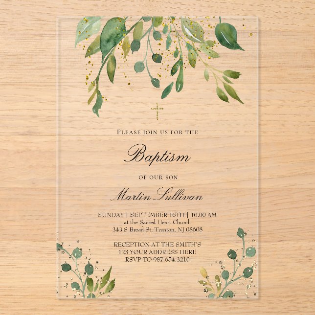 Invitations En Acrylique design verdoyant | Baptême (Recto)