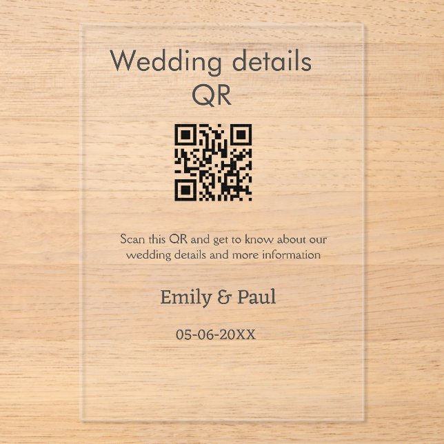 Invitations En Acrylique Détails mariage Web scan QR ajouter nom couple (Recto)