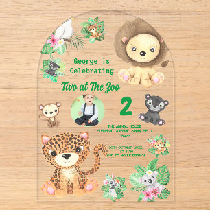 Invitations En Acrylique Deux au Zoo Animaux de la Jungle Anniversaire Enfa