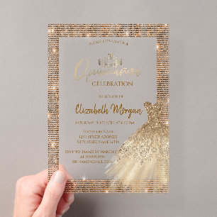 Invitations En Acrylique Diadème de robe verte chic or, diamants Quinceañer
