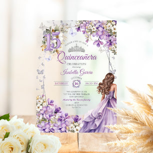 Invitations En Acrylique Diadème floral papillons lavande Quinceañera