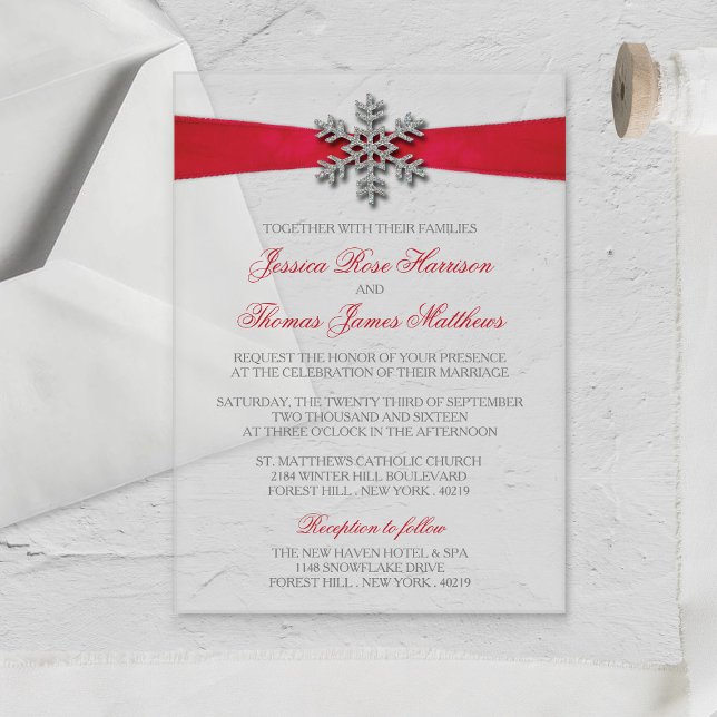 Invitations En Acrylique Diamante Flocon de neige et Ruban rouge Mariage d' (Créateur téléchargé)