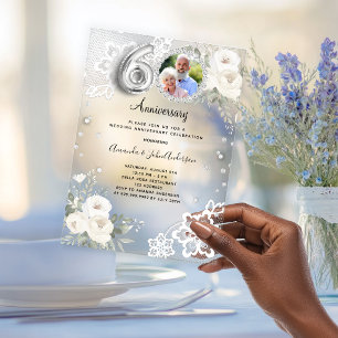 Invitations En Acrylique Diamants argentés floraux 60e anniversaire de mari