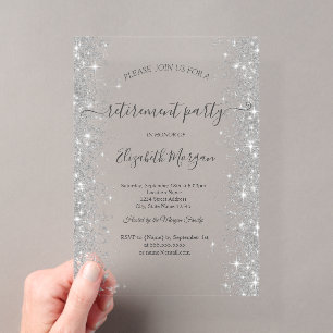 Invitations En Acrylique Diamants Pailletés Argent Crème Fête de Retraite