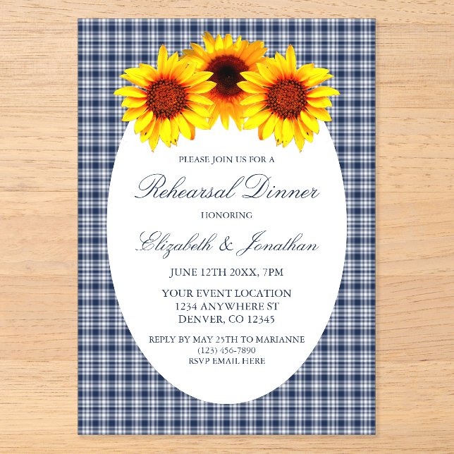 Invitations En Acrylique Dîner de répétition de tournesol (Recto)