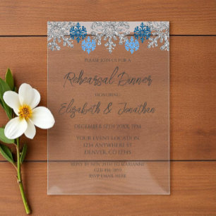 Invitations En Acrylique Dîner de répétition hivernal Silver Blue Snowflake