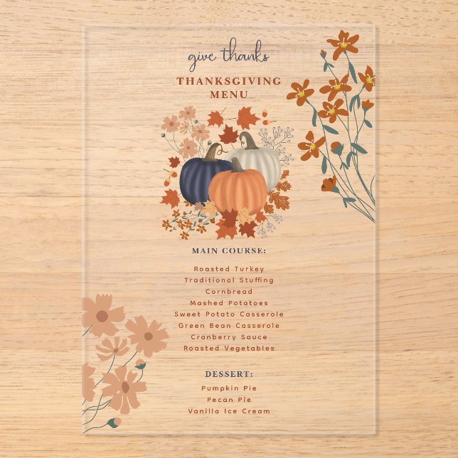 Invitations En Acrylique Dîner de Thanksgiving citrouille Menu (Recto)